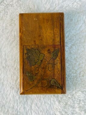 Antique Hand Made Wooden Cigarette Case Box with Brass Inlay